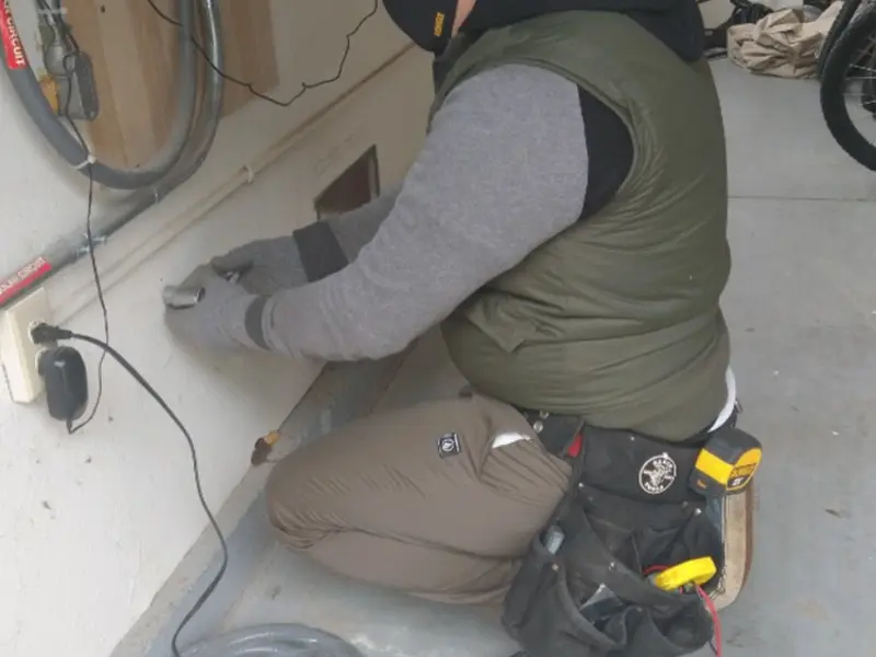Electrician performing outlet wiring in a Hermosa Beach garage